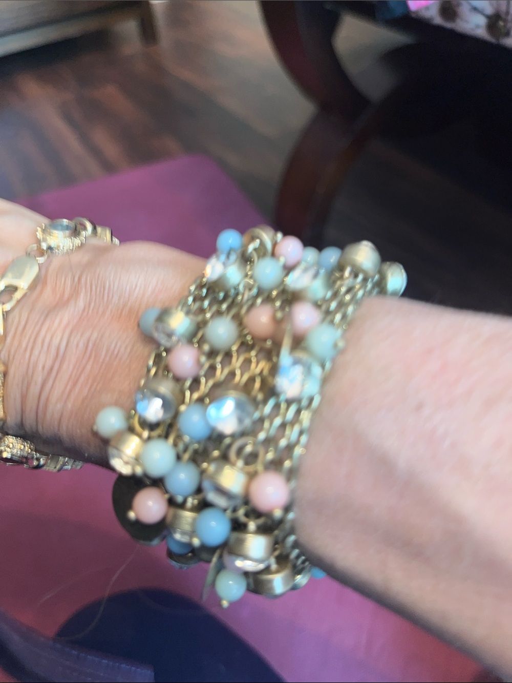 Anthropologie Multi-Strand Gold Chain Bracelet with Pastel Beads & gold discs